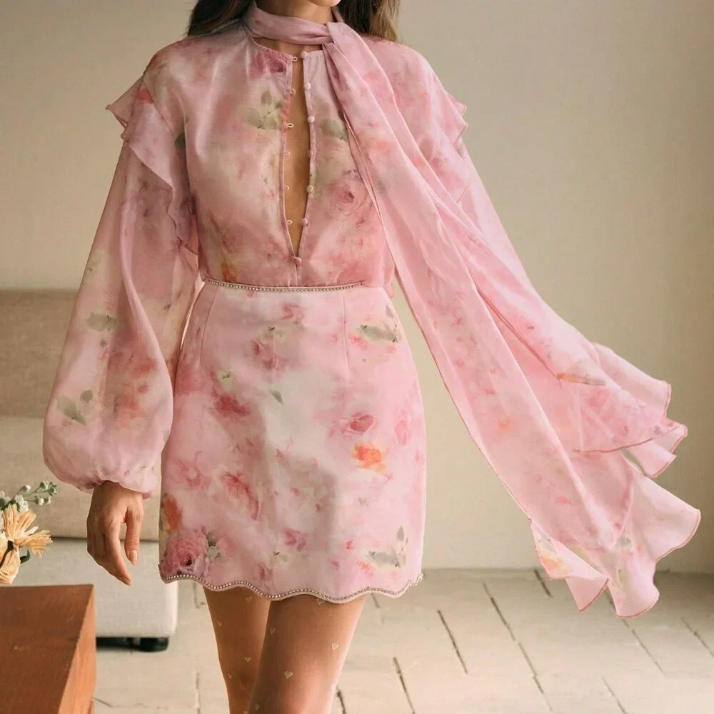 Multicolor Boho Women's Floral Print High Waist Skirt with Pearls & Rhinestones - Picture 7 of 7